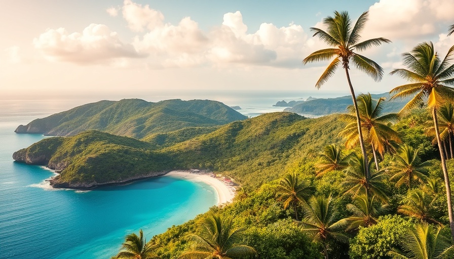 Caribbean coastline with lush hills and palm trees, showcasing tourism.