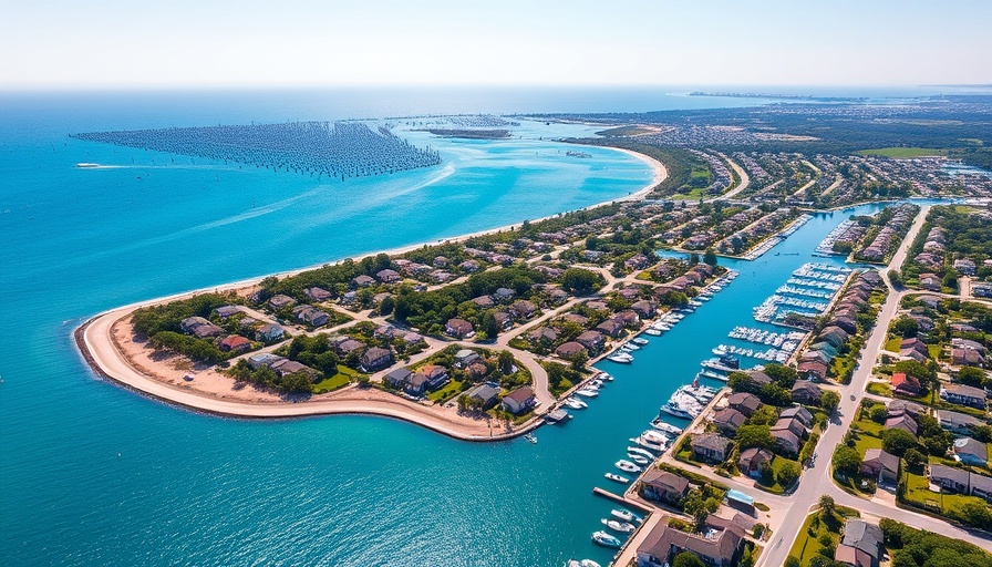 Aerial view of houses and marina in a coastal area suggesting lower mortgage rates housing market conditions.