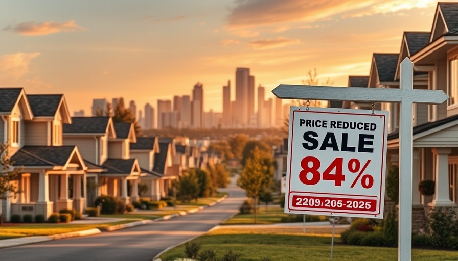 Dramatic housing market decline depiction with for sale signs.