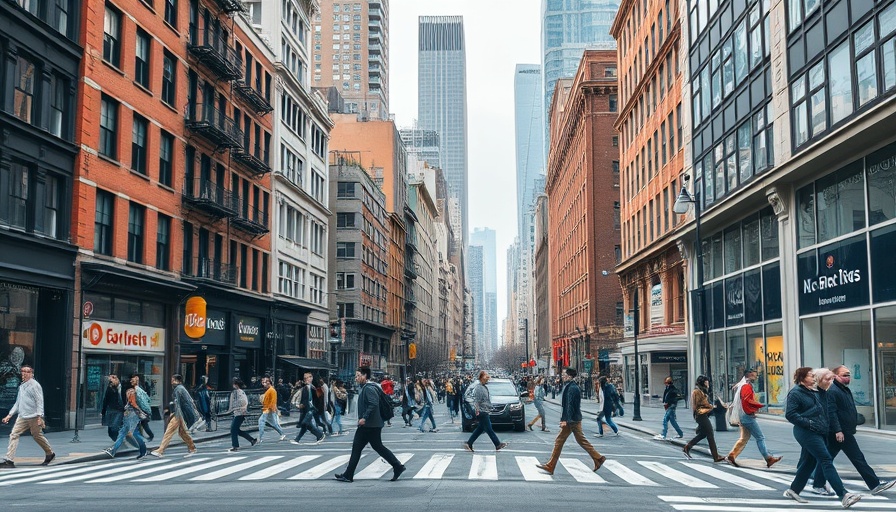Vibrant city street with pedestrians, ideal for car-free living.