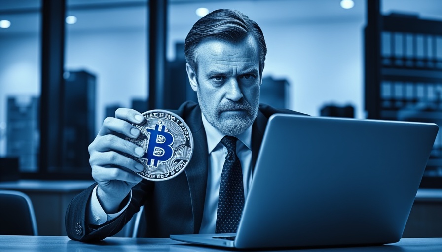 Businessman with Bitcoin and house graphic representing cryptocurrency mortgages.