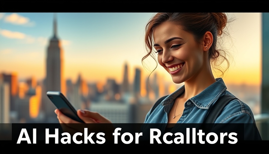AI hacks for real estate agents with smiling woman and city backdrop.