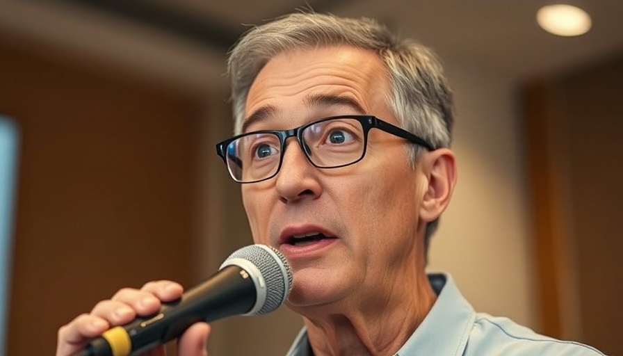 Middle-aged man speaking into microphone indoors, emphasizing clarity and focus.