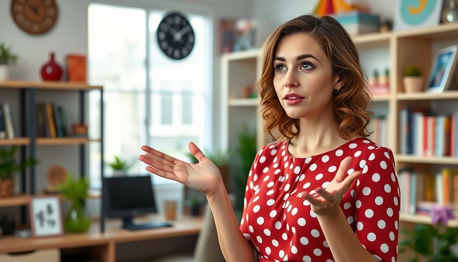 Realtor in home office explaining, vibrant decor, personal posts for realtors.