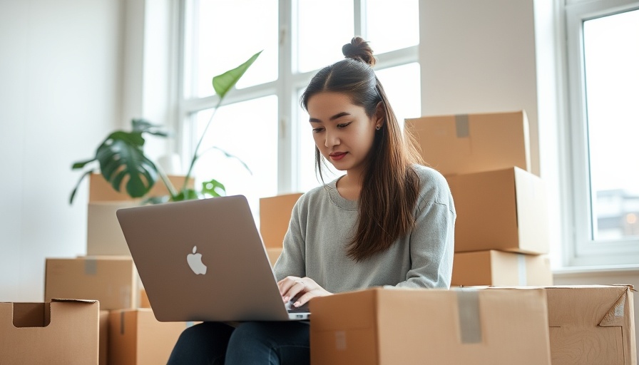 Young woman using a laptop among moving boxes, NYC security deposit return chatbot.