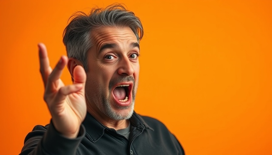Middle-aged man speaking passionately against an orange gradient background.
