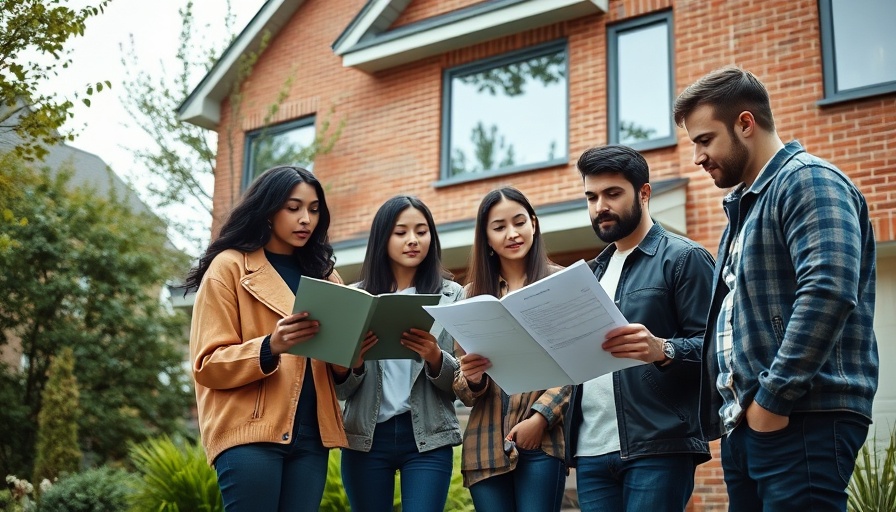 Diverse group reviewing home inspection documents outside modern house.