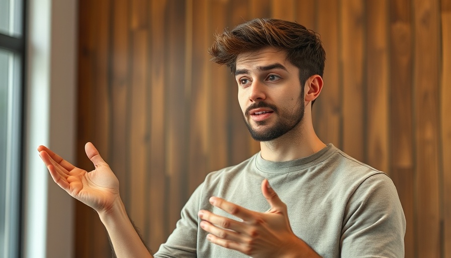 Casual young man explaining concepts indoors.