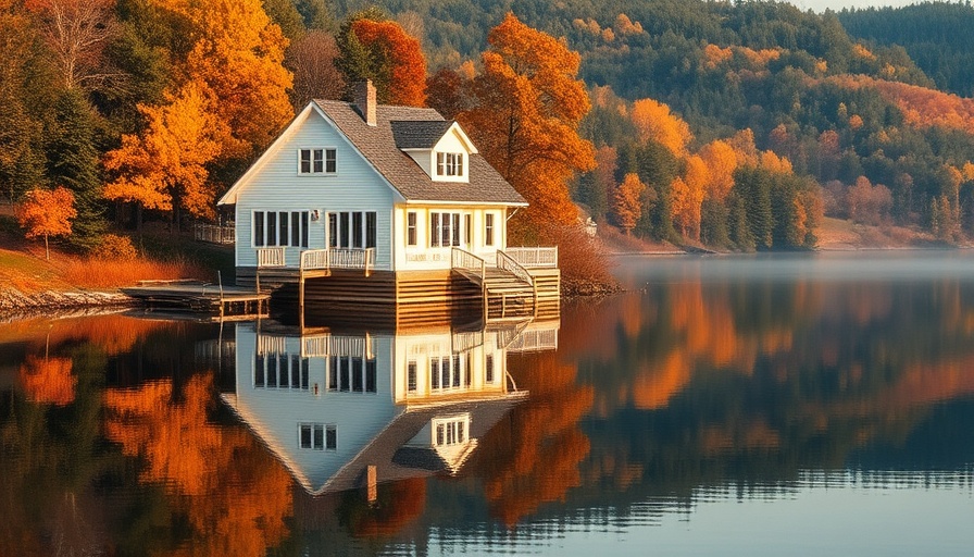 Charming lake house reflecting, serene autumn setting, buying a lake house.
