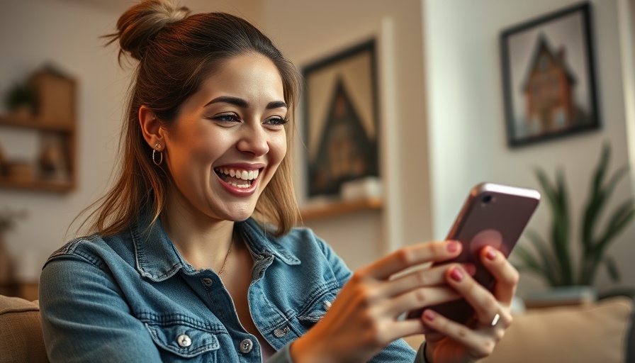 Smiling woman promoting property management apps indoors.