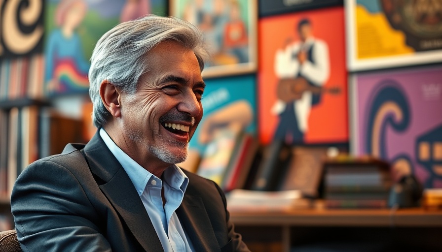 Smiling silver-haired man conversing against colorful backdrop