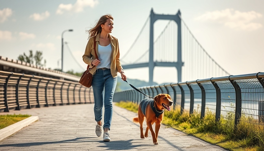 Woman walking dog in NYC park with bridge view, sunny day.