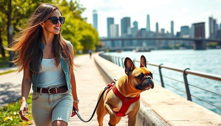 Young woman walking dog near NYC skyline, moving to New York City from Brazil.