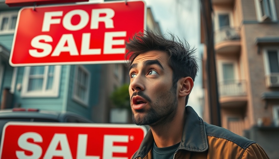 Surprised man looking at real estate for sale sign with price.
