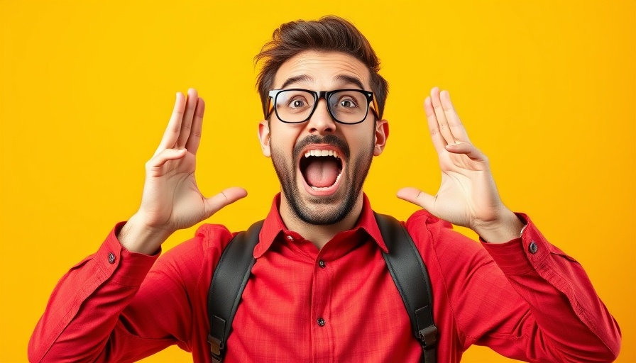 Think Bigger: Man energetically motivating with hands raised.