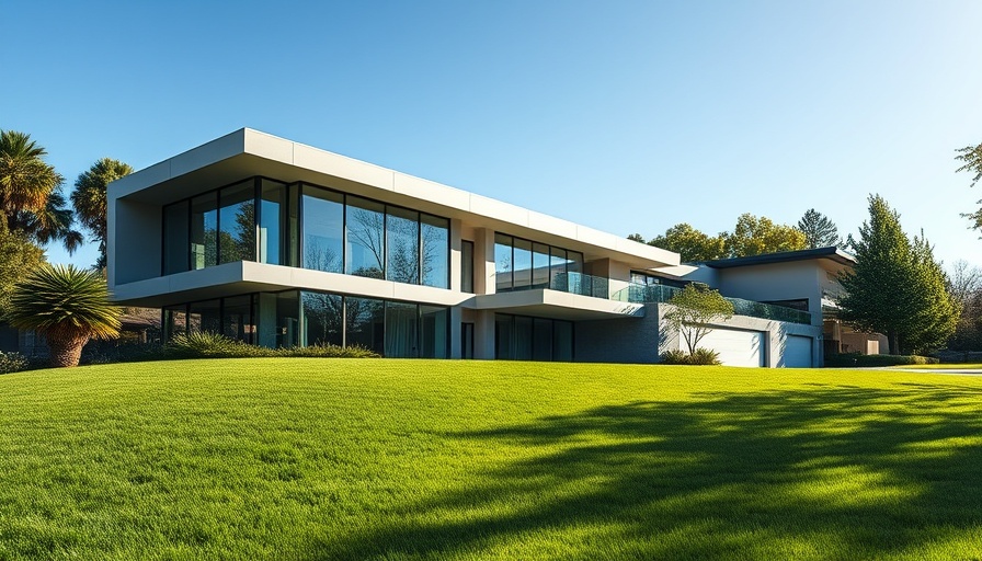 Modern luxury million-dollar home with landscaped lawn.