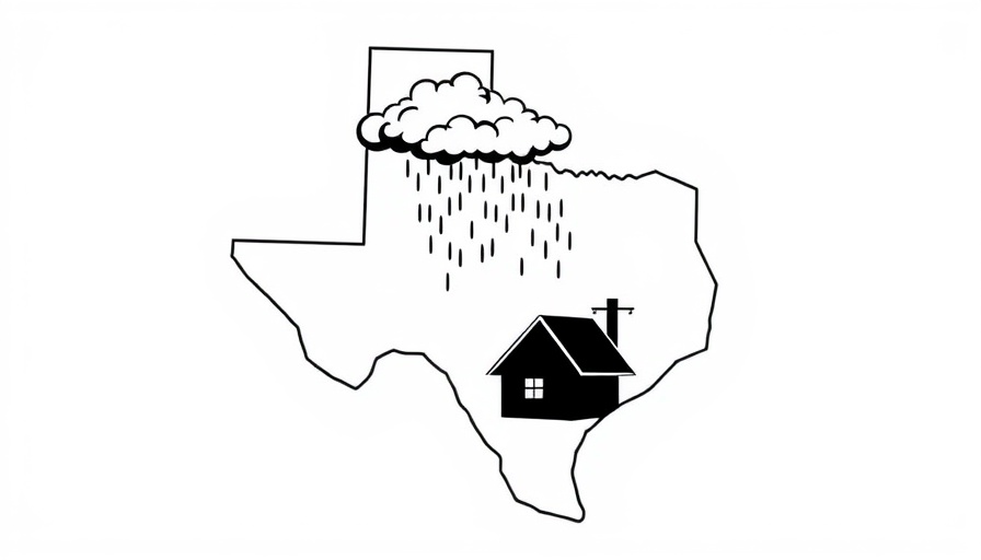 Texas flood relief efforts illustration with house and rain cloud.