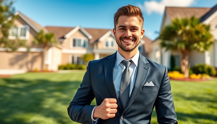Real estate investment journey, young man smiling in front of house.