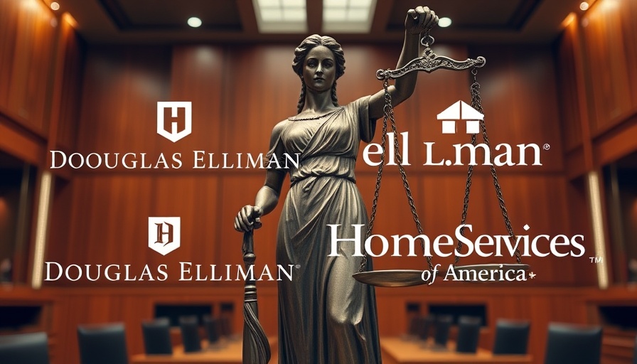 Statue of Justice in courtroom with Douglas Elliman and HomeServices logos, Homebuyer Commission Dismissal.