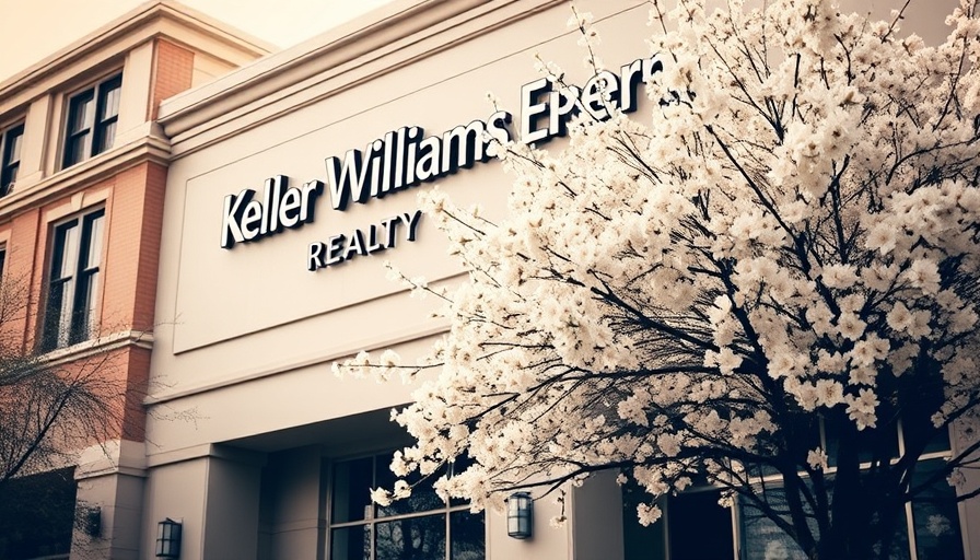Keller Williams Realty building with blooming tree, sepia tone.