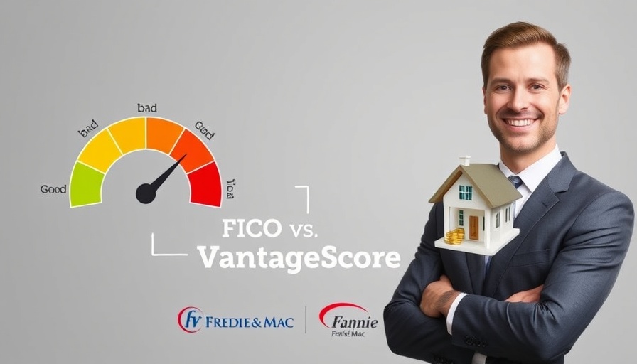 VantageScore 4.0 mortgage challenges visual comparison with FICO, featuring a gauge, man, and house model.