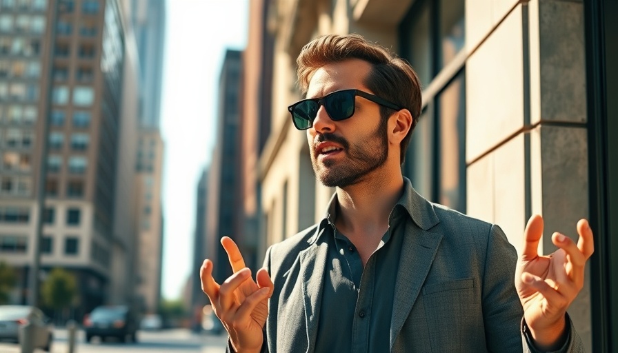Confident man explaining outside, urban setting on a sunny day.