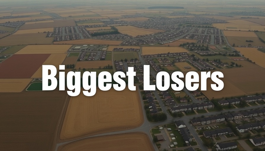 Aerial view depicting the term 'Biggest Losers' over a suburban landscape, illustrating price per acre trap.