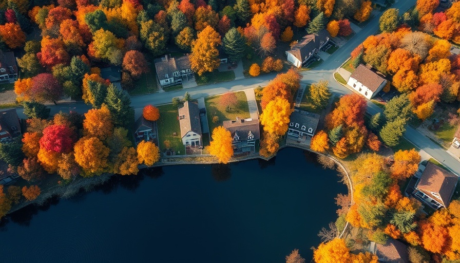 Aerial view of houses by a lake with autumn colors.