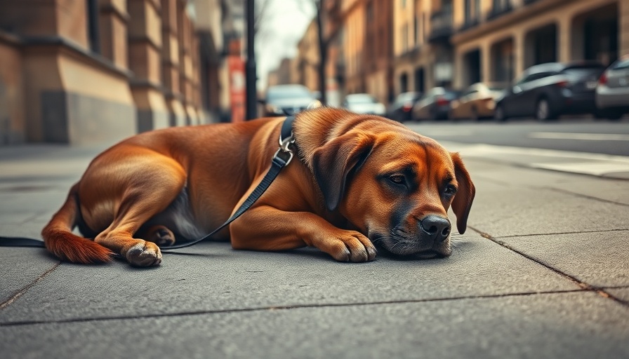 Brown dog lying on sidewalk, leash attached, urban setting, daylight.