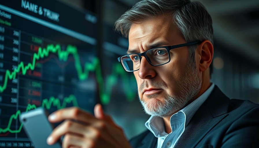 Confident man analyzes crypto tax strategy with green financial graph.
