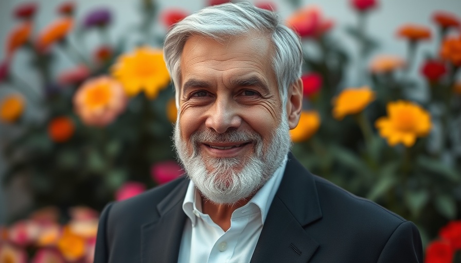 Distinguished older man in a suit smiling, colorful background