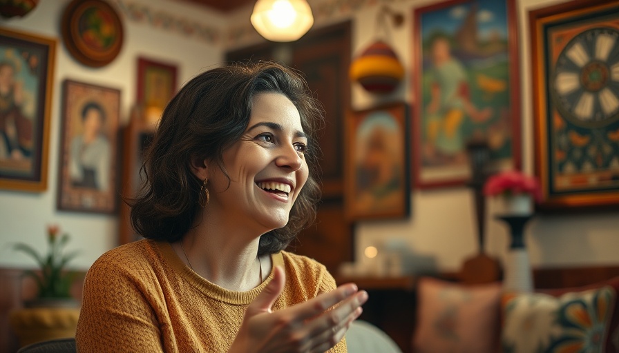 Engaging conversation in a cozy room with colorful decor.