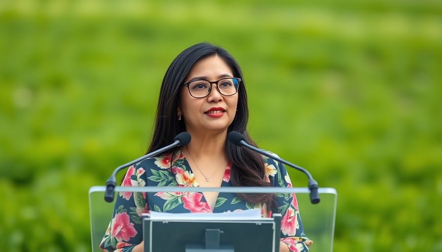 Woman speaking at podium in colorful dress outdoors.
