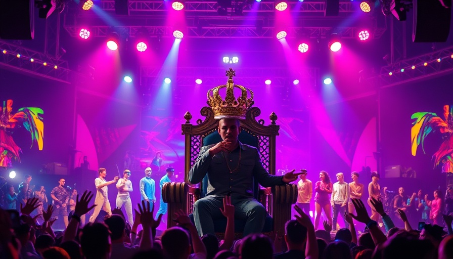 Vybz Kartel crowned King of Dancehall at a vibrant concert with colorful performers.
