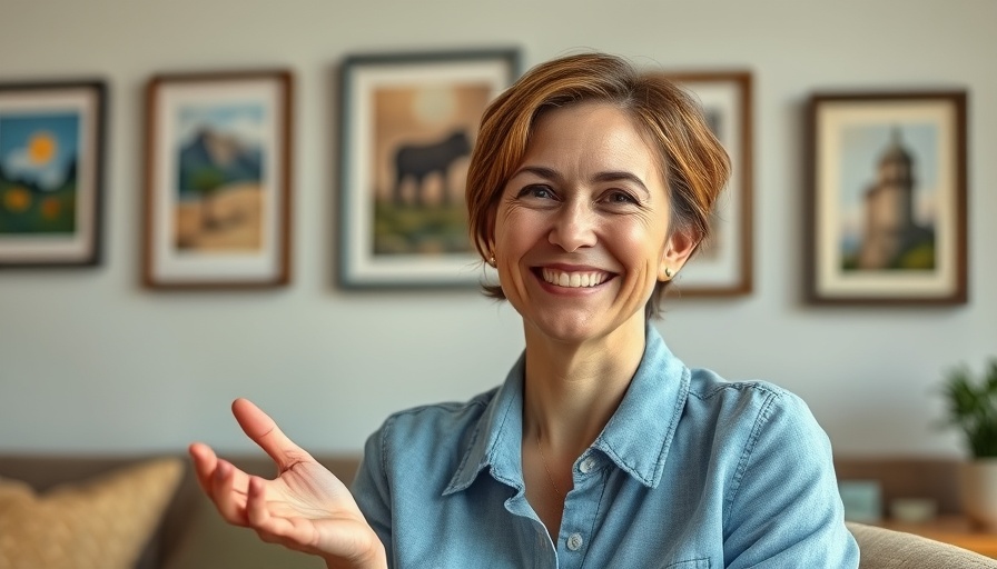 Smiling woman talking, cozy setting, 'your life is your content'.