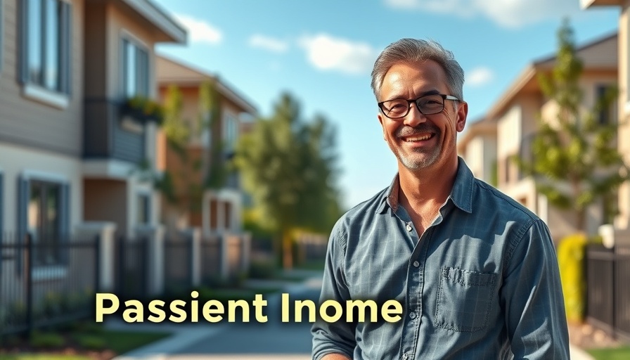 Smiling man promoting 100% Passive Income in Real Estate with houses in background.