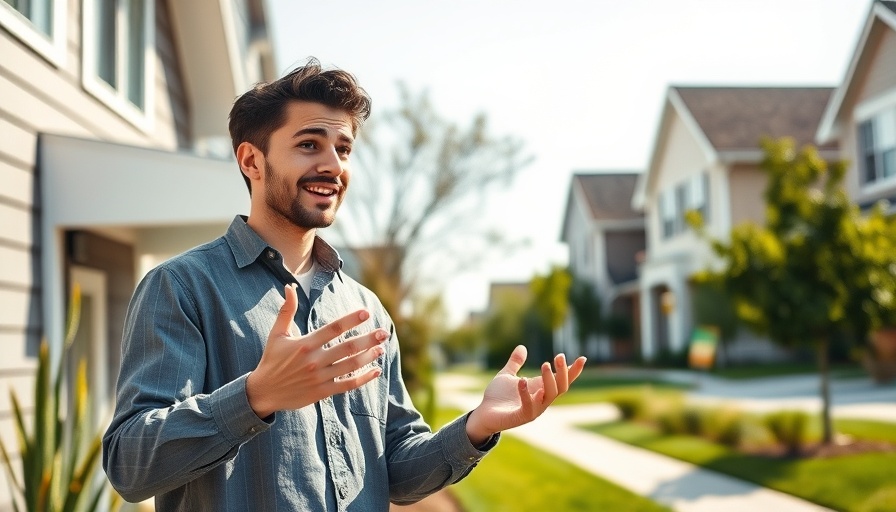 Young man discussing cash flow and appreciation in real estate outside modern home.
