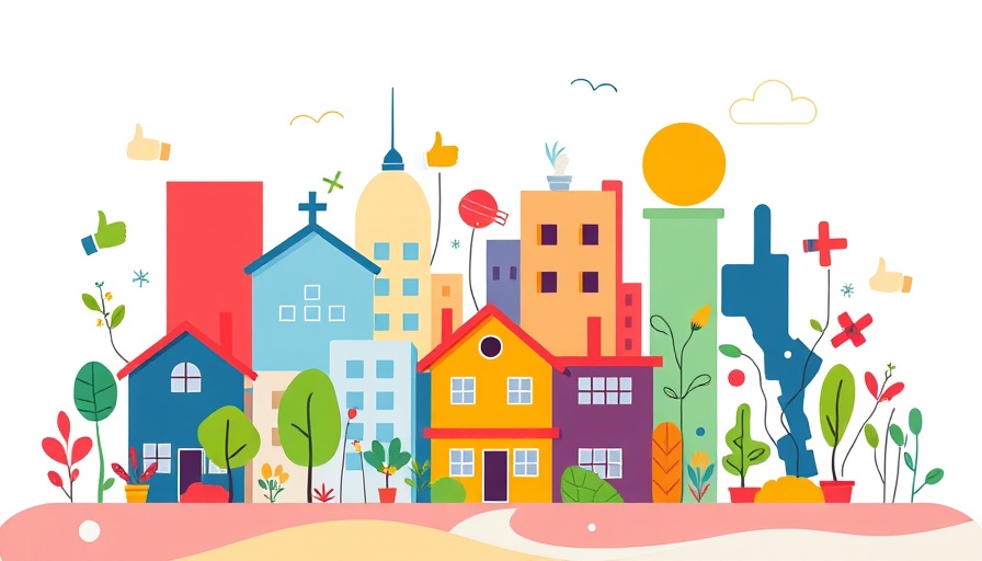 Colorful illustration of housing and community symbols.