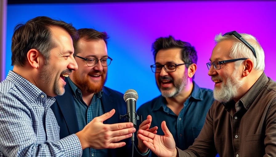 Men discussing Real Estate Market Trends on a vibrant podcast set.