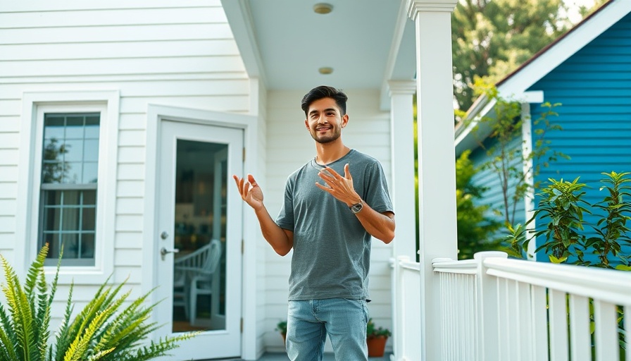 Man gesturing outside modern home, a hidden gem for investors.