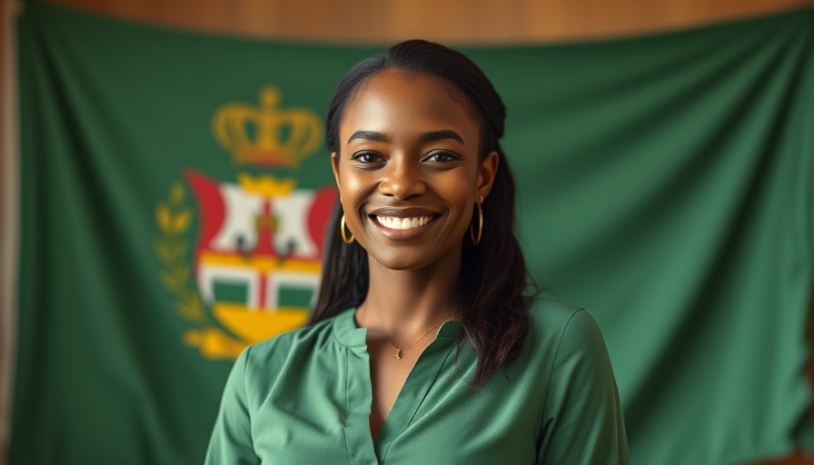 Confident woman smiling, Grenada flag backdrop, Portrait.