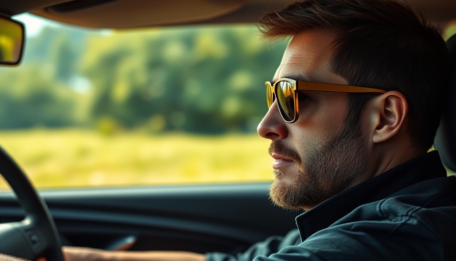 Driver deeply focused on the road, wearing sunglasses, in a car.
