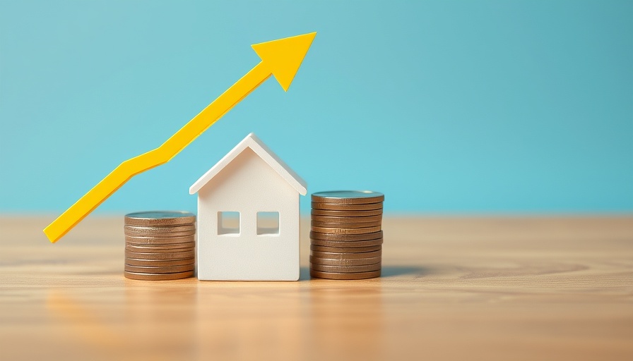 Stacks of coins with upward arrow and house model, financial growth concept.