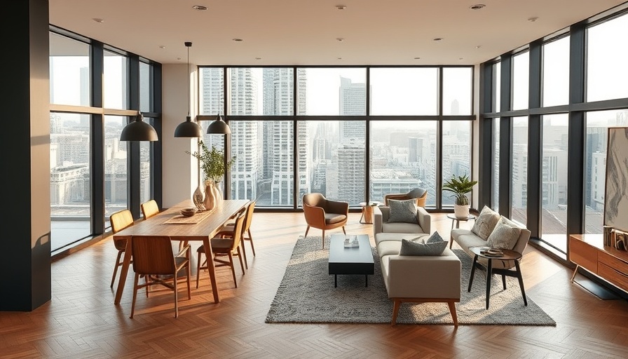 Modern living area in co-op sponsor unit with large windows.