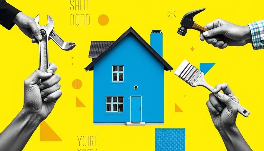 Bright blue house with renovation tools on yellow background, home renovation myths.