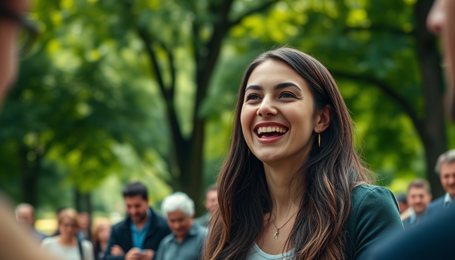 Engaged woman in park discussing real estate content creation in summer.