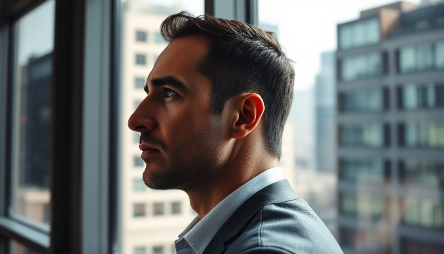 Thoughtful man contemplating in modern office, natural light.