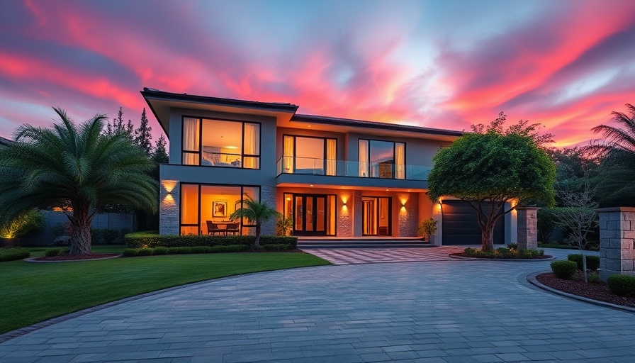 Modern luxury house at dusk with a paved driveway.