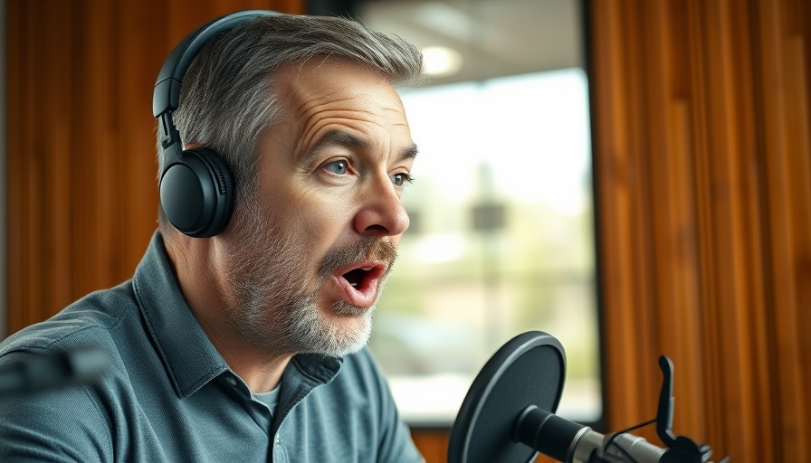 Middle-aged man discussing finances in modern podcast studio.