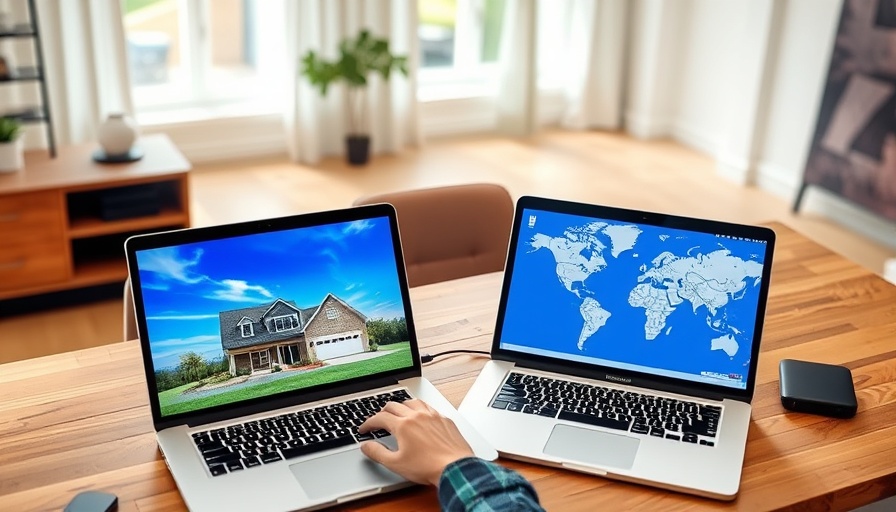 Explore communities with dual laptop setup, house and map display.